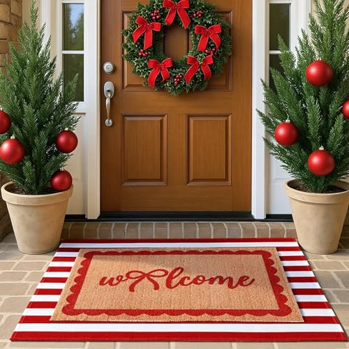 Tinideya 2 Pcs Red and White Stripe Welcome Mats for Front Door - color: Red,white