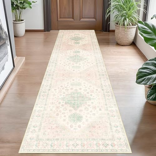 MUJOO Washable Runner Rug 2x8 Area Rugs Low Pile Non Slip Pink and Green - color: Pink and Green, size: 2' x 8' (Rectangular)