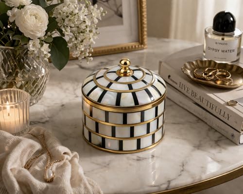 Decorative Jewelry Trinket Box Unique Gift for Home Decor Antique Metal Case with Mother of Pearl Sindoor Box/Coin Box (Triple Black) - color: Triple Black