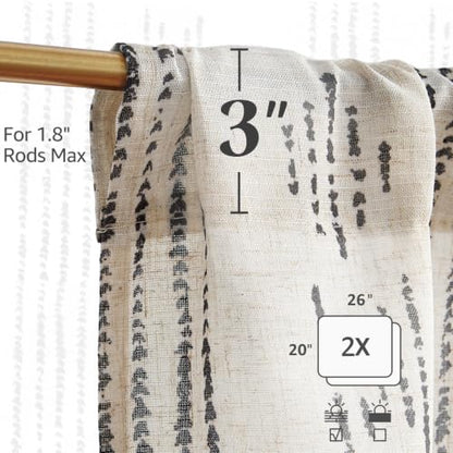 jinchan Linen Striped Tier Curtains for Kitchen Windows Boho - color: Boho Black | on Beige, size: 26"W x 20"L (Pack of 2)