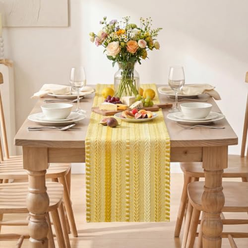 Artoid Mode Yellow Farmhouse Stripe Braided Table Runner 12x72 Inch - color: Yellow, size: 12" x 72", Table Runner