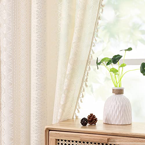 Beige Boho Sheer Lace Window Curtains with Tassel, 40" Wx54 Lx2 - color: Beige, size: 40"W x 54"L (Pack of 2)