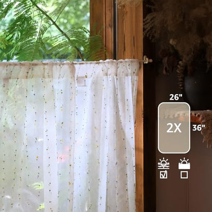 jinchan Green Pom Pom Voile Kitchen Tier Curtains 36 Inches 2 Panels - color: Dottie Sunlit Grove, size: 26"W x 36"L (Pack of 2)