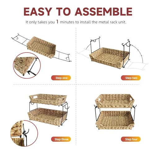 2-Tier Round Faux Rattan Wicker Storage Basket with Metal Frame, Countertop Organizer Shelf for Kitchen, Bathroom, Pantry (Corner)