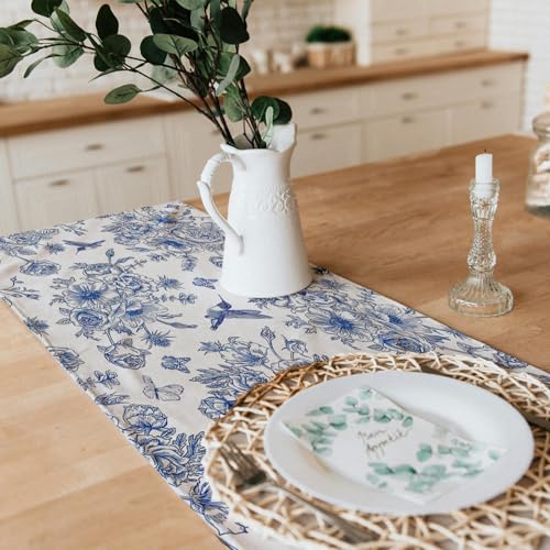 Snycler 13x48 Inch Table Runner Blue Monochrome Sketch Flower Birds Butterfly Table Cover Retro Floral Kitchen Dining Table Decoration for Indoor Outdoor Home Party Restaurant Supplies - color: Blue Sketch Flower, size: 13" x 48"