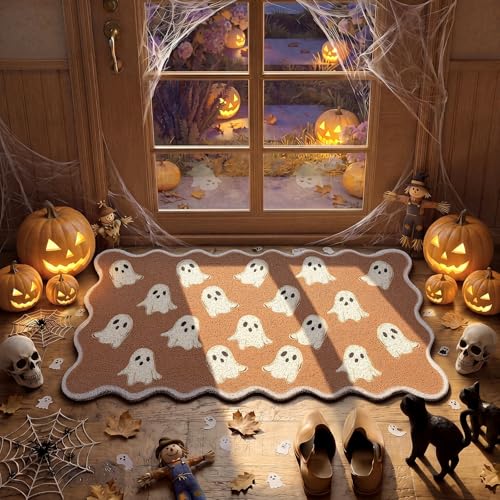 Halloween Door Mat Outdoor Scalloped Ghost Rug Cute Faux Coir Welcome Mat - style: Ghost