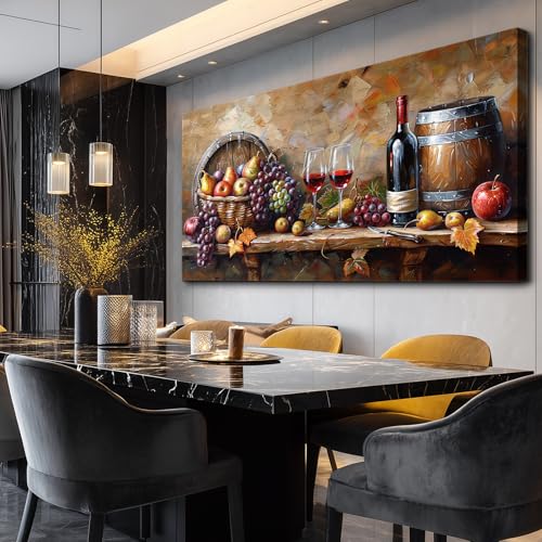 XIGUANGART Wall Art for Kitchen Grape Barrel Painting Red Wine Glass Artwork Prints for Dinning Room Bar Large Canvas Wall Decor for Living Room Office Fruit Still Life Picture Modern Home Decoration - color: Wine Glass Wall Art, size: 48"L x 24"W