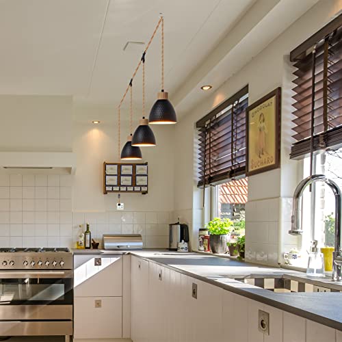 3-Light Plug in Pendant Light 22FT Industrial Hanging Lamp with Twisted Hemp Rope Independent Triple Switch Hanging Light Chandelier for Dining Room Kitchen, Black Finish - color: A 3 Lights