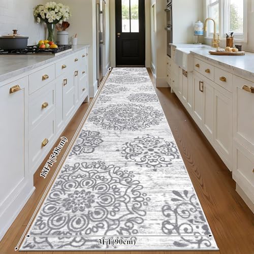 HEBE Hallway Runner Rug 3'x18', Washable Non Slip Kitchen Rug Runner - color: Grey, size: 3' x 18' (Rectangular)
