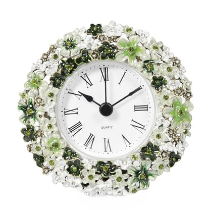 Floral Small Tabletop Clock, Battery Operated Metal Clock with Rhinestone for Bedside, Table, Living Room, Home & Office, Quartz Analog Movement - color: Green With White