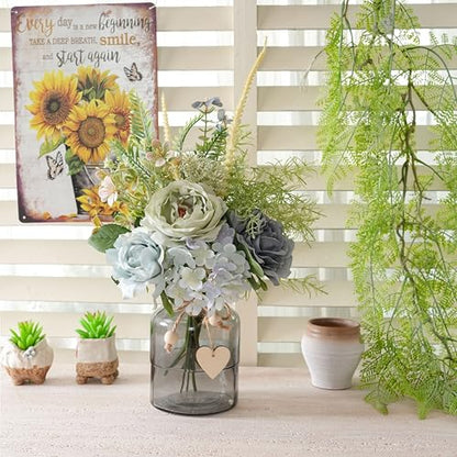 Fake Summer Flowers with Vase, Artificial Blue Dahlia & Rose Arrangement - color: Blue & Green