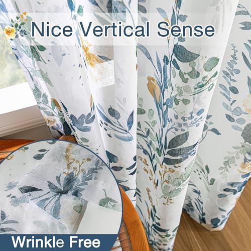 MYSKY HOME Yellow and Blue Sheer Floral Curtains 84 Inch Length 2 Panels - color: A-yellow & Blue, size: 52"W x 84"L (Pack of 2)