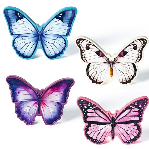 WATINC 4PCS Spring Butterfly Wooden Signs, Summer Tiered Tray Decorations, Double-sided Butterfly Printed Wood Tabletop Centerpiece Sign, Butterflies Farmhouse Rustic Party Decor for Home Kitchen - style: Butterfly