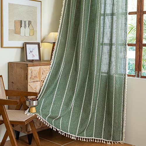 Sutuo Home Boho Kitchen Curtains with Beige Tassels, Semi Blackout Linen French Country Shabby Chic Window Treatment Bohemian Embroidery Knitted Drape, Rod Pocket 1 Panel 52" W x 63" L, Olive Green - color: Olive Green Stripes, size: 52"W x 63"L (Pack of