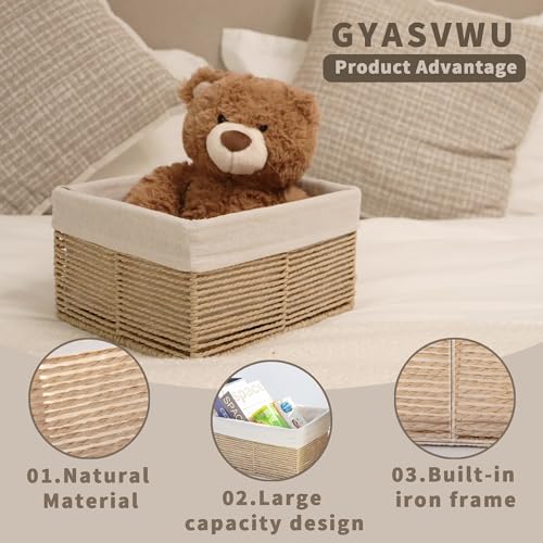 GYASVWU Hand-Woven Paper Rope Storage Baskets,Rectangular Wicker Baskets for Organizing,Decorative Woven Basket for Storage,Shelf Basket for Living Room,Storage Baskets for Pantry (Beige - Large) - color: Beige - Large