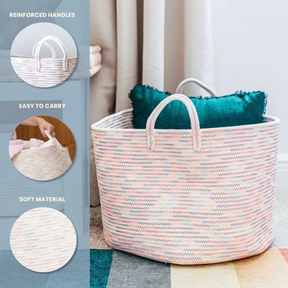 OrganiHaus Round Toy Basket & Blanket Basket, Cotton Rope 20x13" - color: Stitches Rainbow, size: Wide