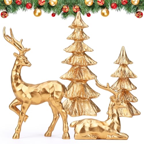 4-Piece Gold Christmas Tree Figurines and Resin Elk Sculpture Small Resin Christmas Trees,Tabletop Tree Artificial Animal Crafts for Indoor Home Decor,Tabletop Mantle Cabinet Desktop Offic
