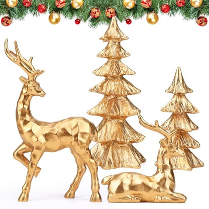 4-Piece Gold Christmas Tree Figurines and Resin Elk Sculpture Small Resin Christmas Trees,Tabletop Tree Artificial Animal Crafts for Indoor Home Decor,Tabletop Mantle Cabinet Desktop Offic