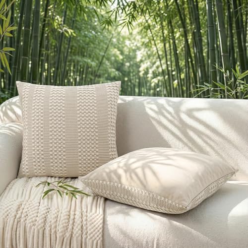 a moment 2 Pack Bamboo Fiber Pillow Covers - Waffle Weave, Ultra Soft & Breathable, Euro Shams Cotton Throw Pillow for Couch, Sofa, Bedroom Living Room 24x24 Inch Beige - color: Beige, size: 24" x 24" (Pack of 2)