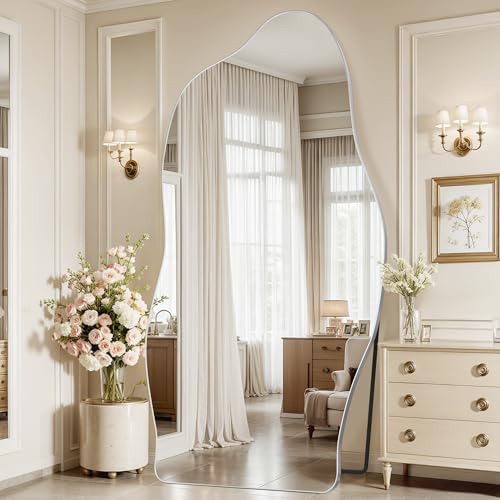 Antok Irregular Full Length Mirror, 81"x41" Asymmetrical Floor Mirror with Stand, Standing Hanging Leaning Irregular Mirrors for Bedroom Living Room Entryway, Cloud Shaped, Silvery - color: Silver, size: 81"L x 41"W, style: Cloud Shaped Style