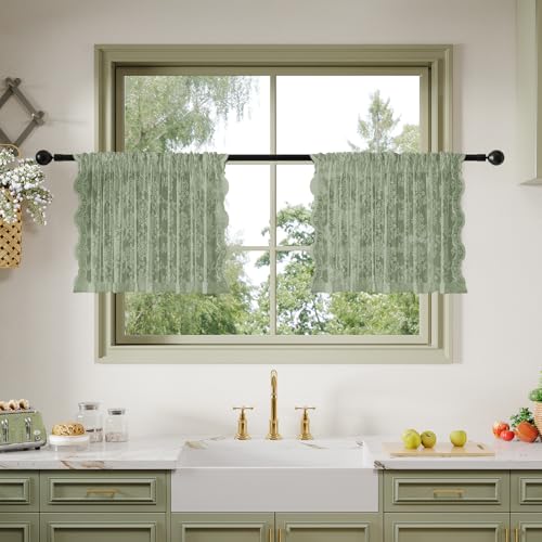 Anmao Vintage Lace Kitchen Curtains 18 Inches Long 2 Panels, Romantic Semi Sheer Floral Over Sink Lacy Cafe Curtain, Elegant Window Short Small Drapes, 55W x 18L, Sage Green - color: Sage Green Plum, size: 55"W x 18"L (Pack of 2)