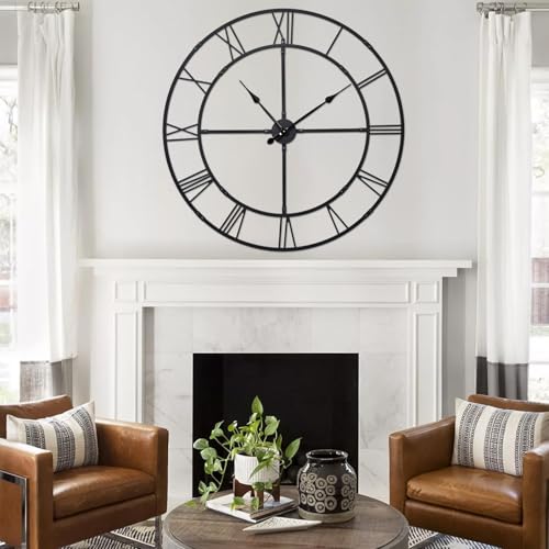40 Inch Large Silent Wall Clock, Easy Assembly Roman Numeral Black - color: Black Metal Wall Clock, size: 40inch