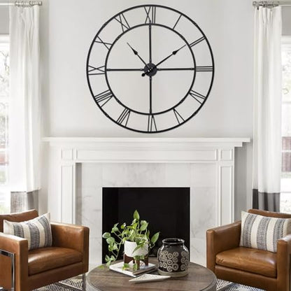 40 Inch Large Silent Wall Clock, Easy Assembly Roman Numeral Black - color: Black Metal Wall Clock, size: 40inch