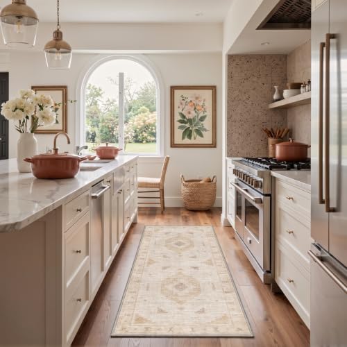 GENIMO 2X5 Washable Runner Rug for Kitchen, Boho Medallion Non Slip - color: Cream Taupe-1, size: 2' x 5' (Rectangular)
