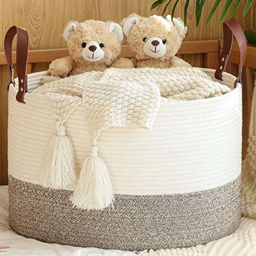 KAKAMAY Large Blanket Basket (20"x13"),Woven Baskets for storage Baby Laundry Hamper,Cotton Rope Blanket Basket for Living Room, Laundry, Nursery, Pillows, Baby Toy chest (White/Beige) - color: Cream and Beige