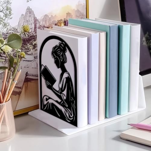 Peacoblue 5.3"x4.3"x7.9" Metal Bookends, Heavy Duty Book Ends for Shelves - style: Reading Girl
