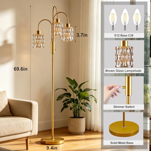 Amber Glass Floor Lamp 3-Light 70" Gold Dimmable Modern Tall Standing Lamps - color: Amber Cylinder-Gold