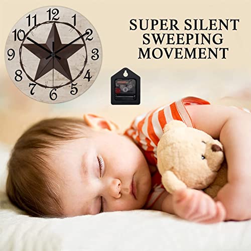 Round Farmhouse Wall Clock Western Texas Star Classic Style Wood Clock Silent Non-ticking Battery Operated Easy to Read Antique Wall Hanging Desk Clock for Living Room Kitchen Farmhouse 12 Inch - color: Style, size: 12in