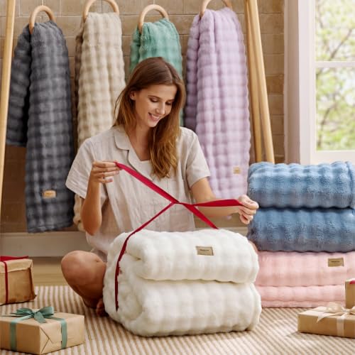 Bedsure Cloud Bubble Fleece Queen Blanket for Bed, Off White, 90"×90" - color: 01 Off White, size: Queen (90" X 90")