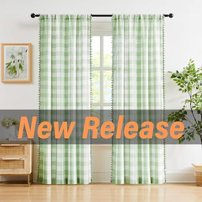 Plaid Kitchen Curtains 27x24 Green White Check Tiers for Kitchen Semi Sheer - color: Light Green and White, size: 24"W x 24"L (Pack of 2)