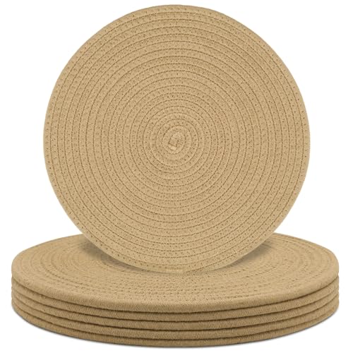 Round Placemats Set of 6, Cotton Rope Woven Table Mats, Hot Pads for Kitchen, Non Slip Heat Resistant Place Mats, 13 Inches Braided Placemat for Farmhouse Decor and Kitchen Table Decor (Khaki) - color: Khaki