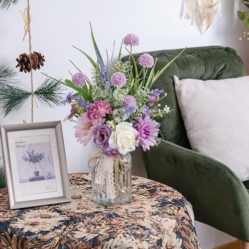 Artificial Faux Flowers in Vase-Fake Purple Transvaal Daisy and Dandelion - color: Purple & White
