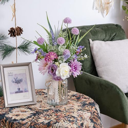 Artificial Faux Flowers in Vase-Fake Purple Transvaal Daisy and Dandelion - color: Purple & White