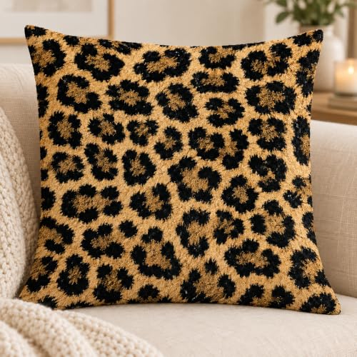 Leopard Print Pillow Cover Tan Black Animal Pattern Decor 18x18 - color: Tan Leopard Print