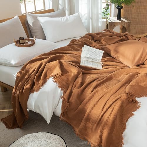 MooMee 100% Cotton Muslin Blanket, Fringed 4-Layer Gauze Bed Throw Blankets - color: Drak Orange, size: Oversize Queen