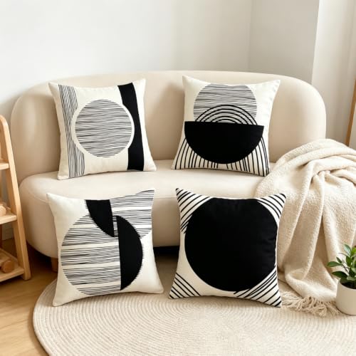 IcosaMro Boho Pillow Covers 18x18 Set of 4 Black and White Mid Century - color: Black Strip & Circle