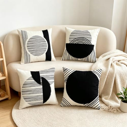 IcosaMro Boho Pillow Covers 18x18 Set of 4 Black and White Mid Century - color: Black Strip & Circle
