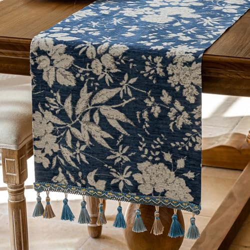 Botanical Jacquard Floral Dining Table Runner Blue 13 x 82 Inch - color: Floral Blue, size: 13" x 82"