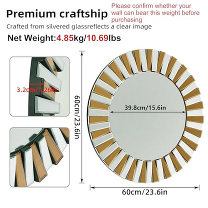 Decorative Round Mirror Sunburst: Silver-Brown Crystal Edge 23.6 in - size: 23.6"L x 23.6"W