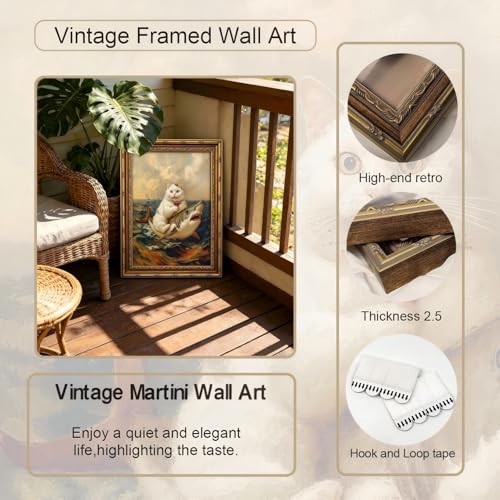 Vintage Framed Canvas Funny Cat Bathroom Wall Art Quirky Humor Wall Decor Cat Riding Shark Martini Painting Picture Print Artwork for Bedroom Living Room Bathroom 12x16 inch Ready to Hang - color: cat, size: 12"L x 16"W