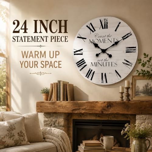 24 Inch Inspirational Farmhouse Wall Clock, Silent Non-Ticking, White Distressed Shiplap Wood, Battery Operated Rustic Quartz Clock for Living Room, Kitchen, Bedroom, Home Office Decor