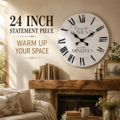 24 Inch Inspirational Farmhouse Wall Clock, Silent Non-Ticking, White Distressed Shiplap Wood, Battery Operated Rustic Quartz Clock for Living Room, Kitchen, Bedroom, Home Office Decor