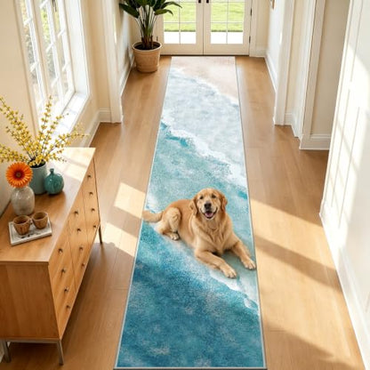 Beach Pattern 2x12ft Runner Rug Non Slip Washable Kitchen Runner Rug with Rubber Backing，Low-Pile Soft Washable Runner Rugs for Hallway Entryway Kitchen Bedroom Living Room Bathroom - color: Light Blue Beach, size: 2' x 12' (Rug)