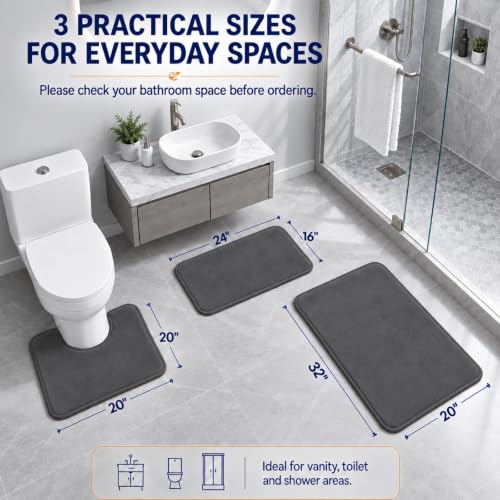 Bathroom Rugs Extra Soft Memory Foam Bath Mat Sets 3 Piece Non Slip Absorbent & Dry Living Mat Sets Washable Bath Carpets with Toilet Rug,Bath Rugs for Bathroom,Tub,Shower,Kitchen,Bedroom - color: Graphite Gray