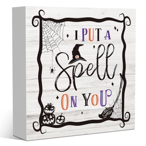 Halloween Spooky Decor Gifts for Women Sister I Put A Spell on You Halloween Wood Decorations Sign for Home Farmhouse Office Bathroom Desk Shelf 5 x 5 Inches - color: Spell
