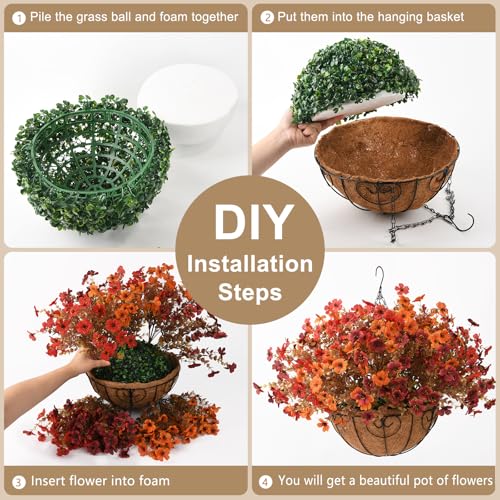Artificial Fall Hanging Flowers Basket, UV Resistant Mums for Outdoors - color: Orange Brown Red